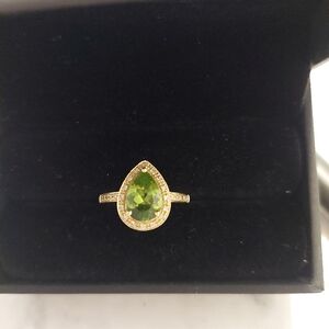 1.8 ct Pear Shaped Genuine Peridot Halo Ring with .10 ct Genuine Diamonds. 14kt